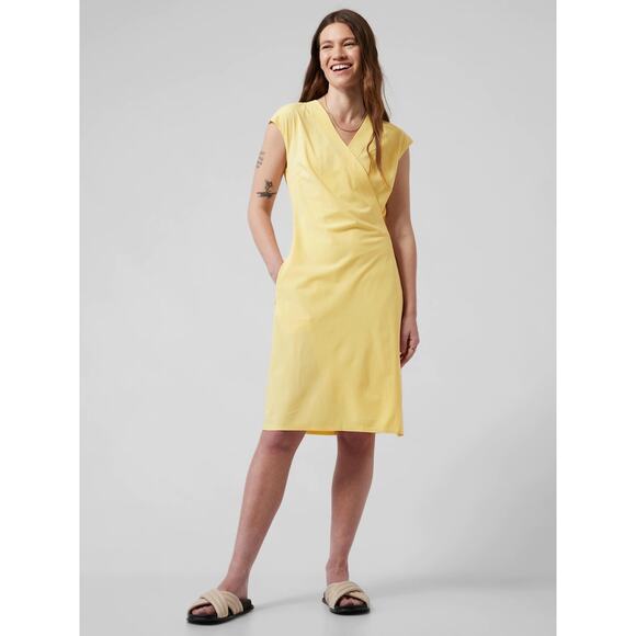 Athleta Dresses & Skirts - Athleta Newport Wrap Dress City Stripe Lunaria Yellow SZ M